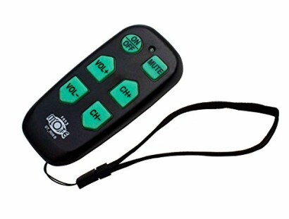 Universal TV remote control with green buttons and wrist strap