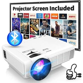 Portable video projector with included screen and streaming service icons.