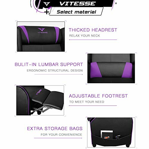 Thicked headrest, built-in lumbar support, adjustable footrest, extra storage bags.