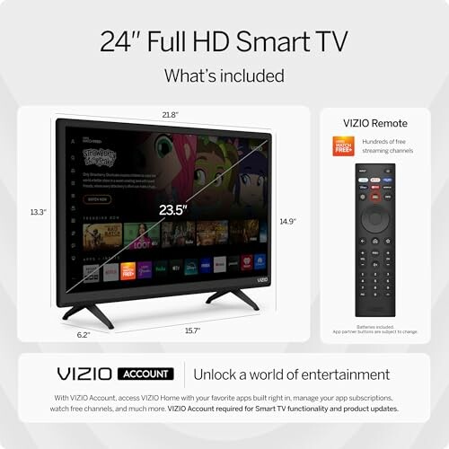 VIZIO 24-inch Full HD Smart TV with remote and account features.