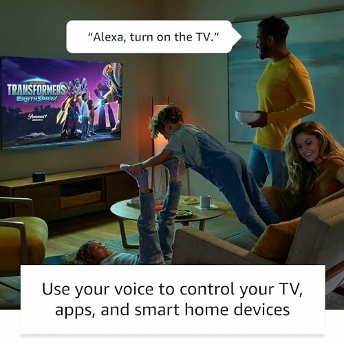 Family using voice control to operate TV with smart home device.