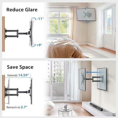 Wall-mounted TV bracket reducing glare and saving space.