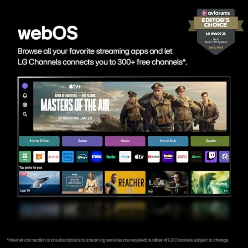 webOS interface with streaming apps and LG Channels