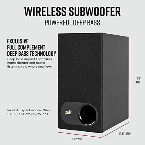 Wireless subwoofer with deep bass technology and Polk branding.