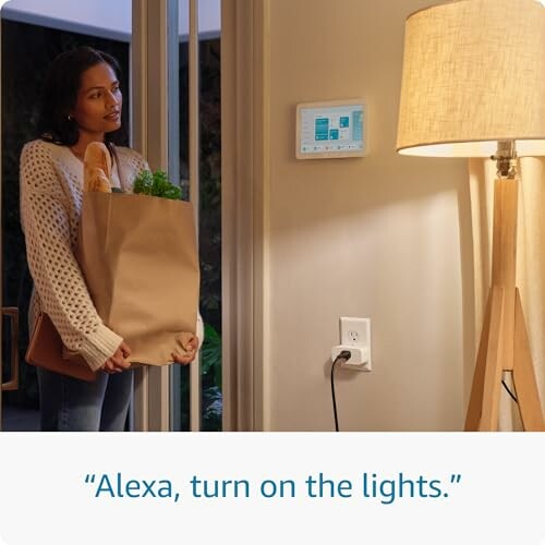 Woman with groceries entering home and using voice command to turn on lights.