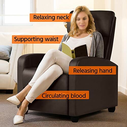 Woman sitting in a recliner chair reading a book with labeled benefits of the chair.