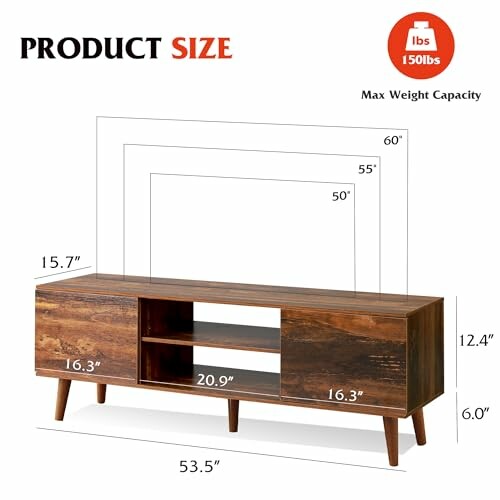 Wooden TV stand with dimensions and weight capacity.